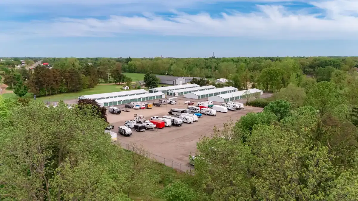 Legacy Self Storage Milwood drone view of parking and self storage