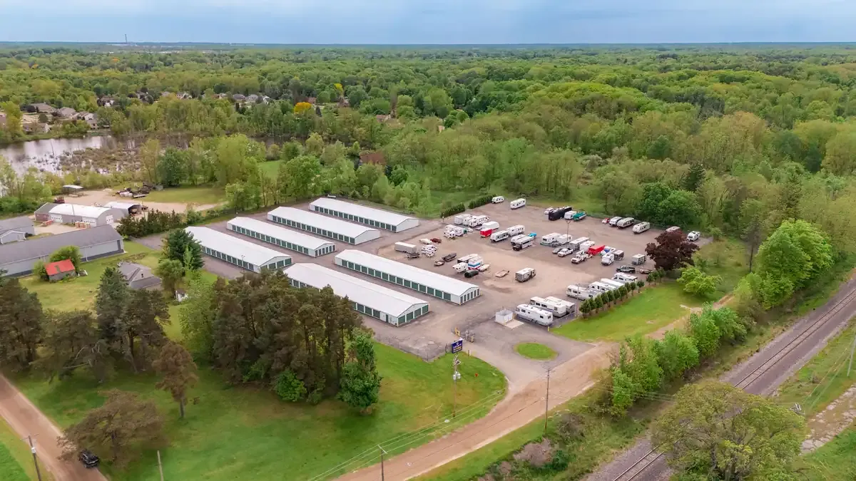 Legacy Self Storage Milwood drone view far 